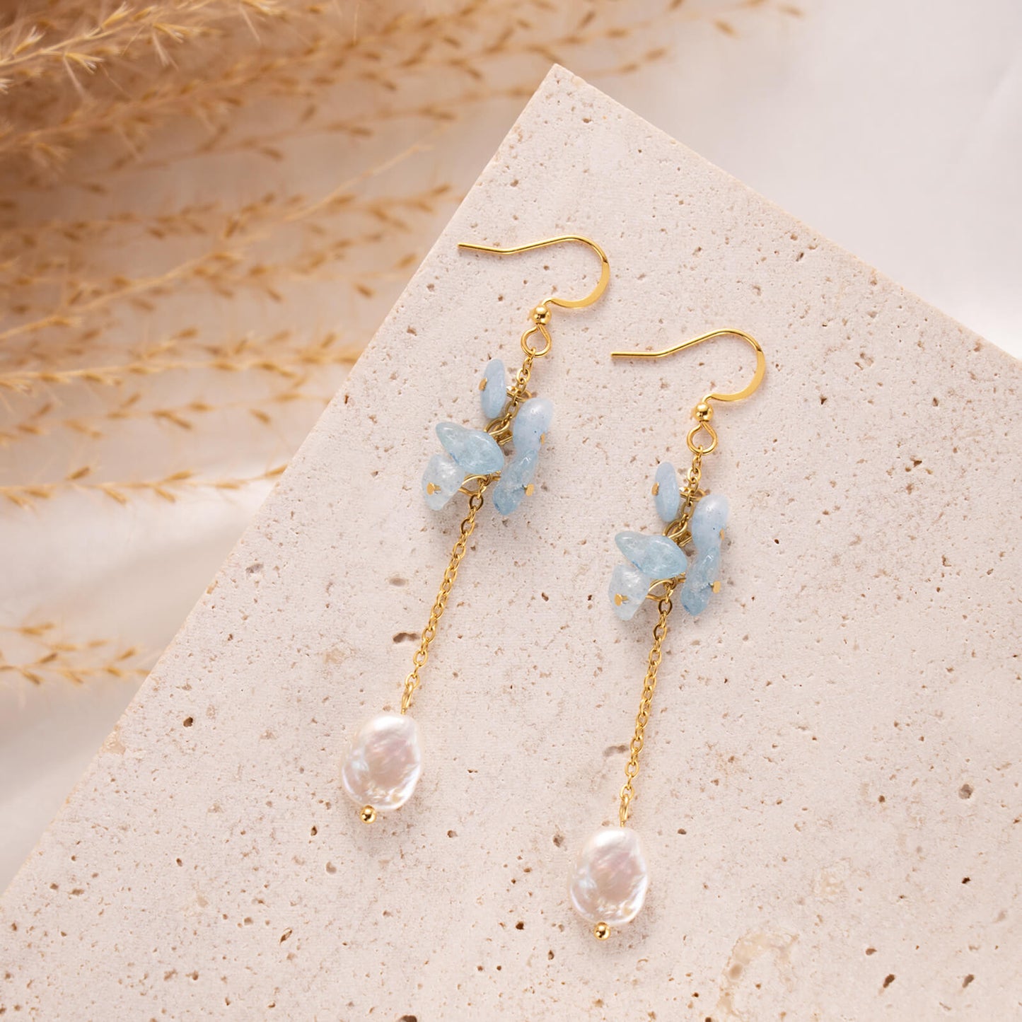 Blue Aquamarine Baroque Pearl Earrings